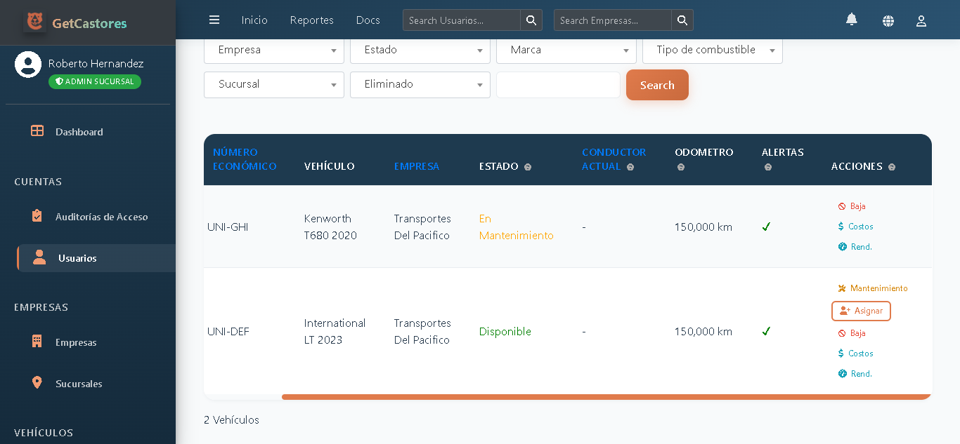 GetCastores - Lista y control de vehículos